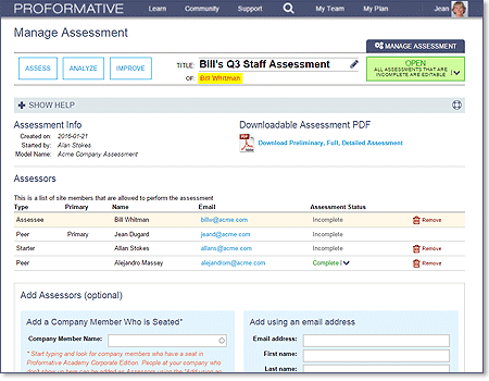 Manage an assessment